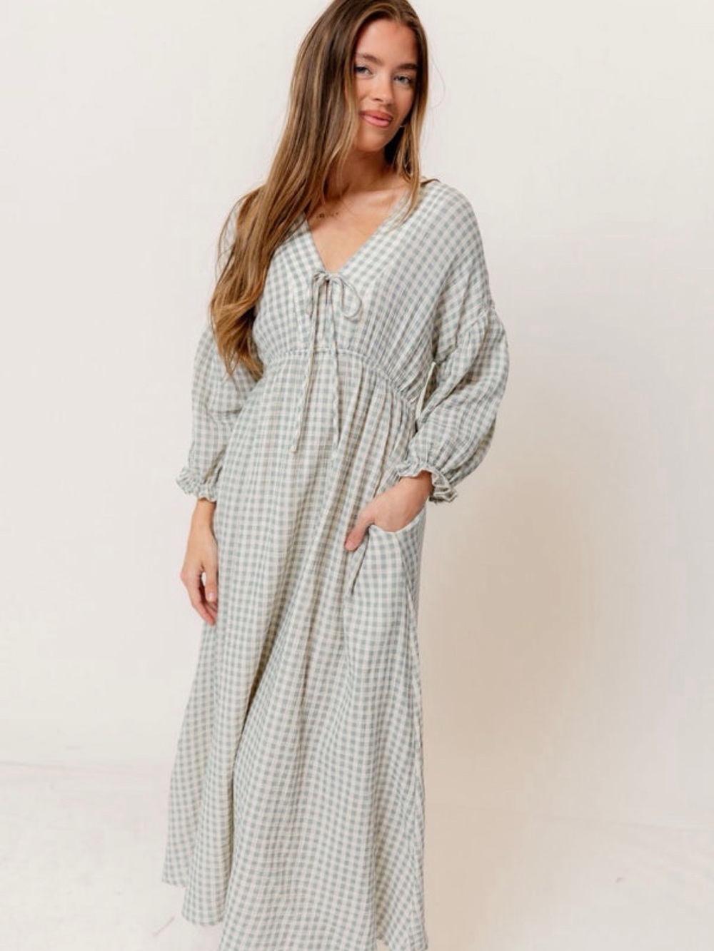 Worth Collective Hunter 100% Cotton Midi Dress in Aqua Plaid - Picture 5 of 6